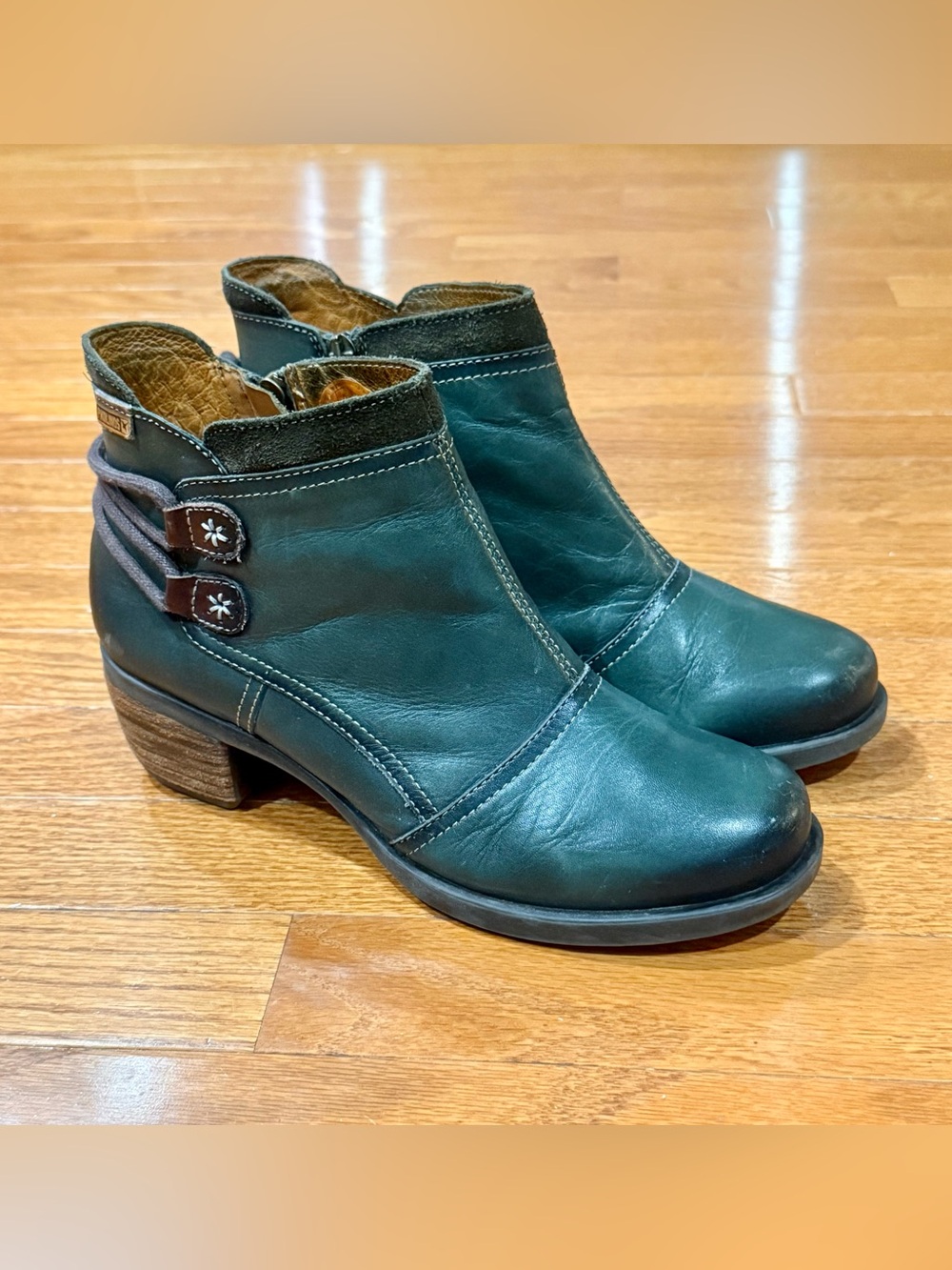 Pikolinos Women's 38 7.5-8 Le Mans Teal Leather Strap Ankle Boots Booties Zip